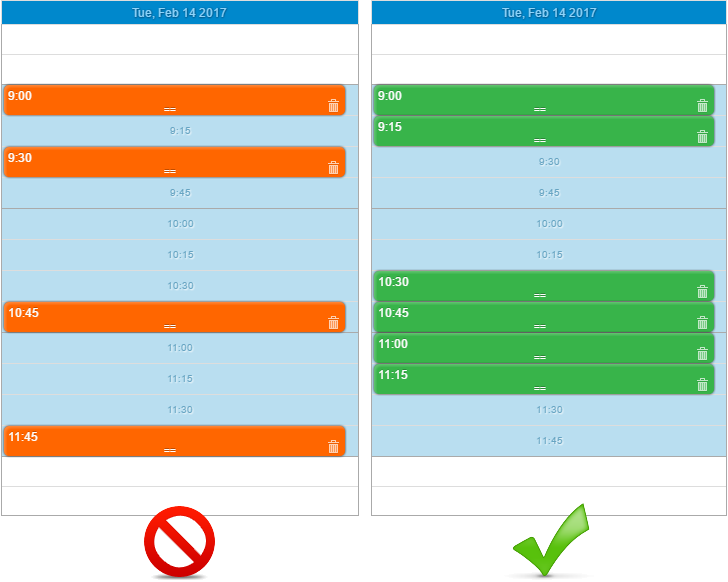 A schedule full of holes next to a clustered booking schedule