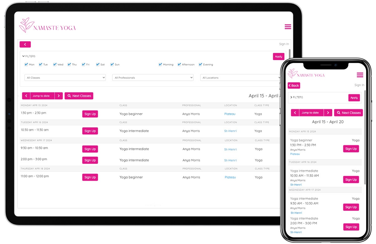 The schedule of available classes seen by a GOrendezvous customer on an iPad and a phone