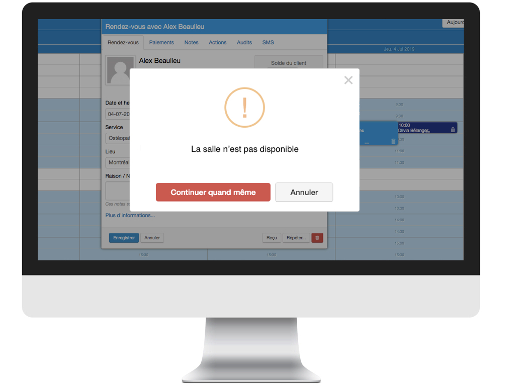 Une fenêtre alertant l'utilisateur qu'une salle n'est pas disponible lors de l'ajout d'un rendez-vous à l'horaire