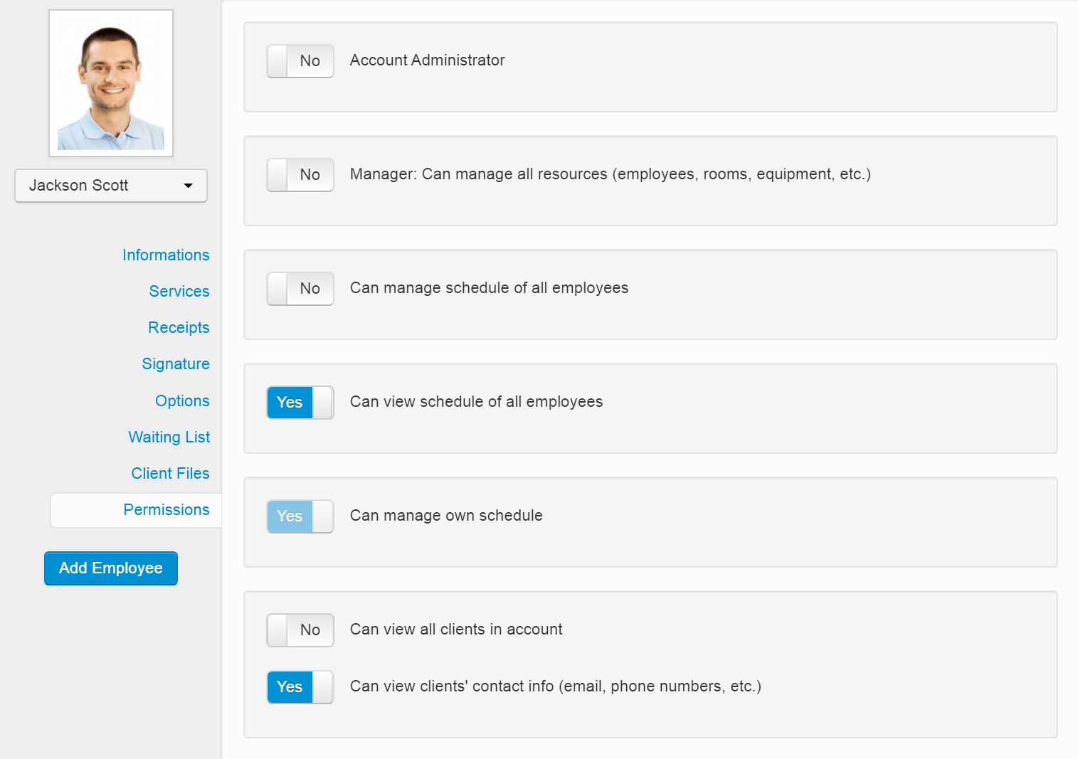 An employee's permissions' settings