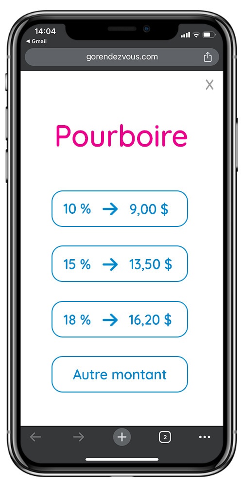 Une page mobile GOrendezvous proposant au client d'ajouter un pourboire à son rendez-vous précédent