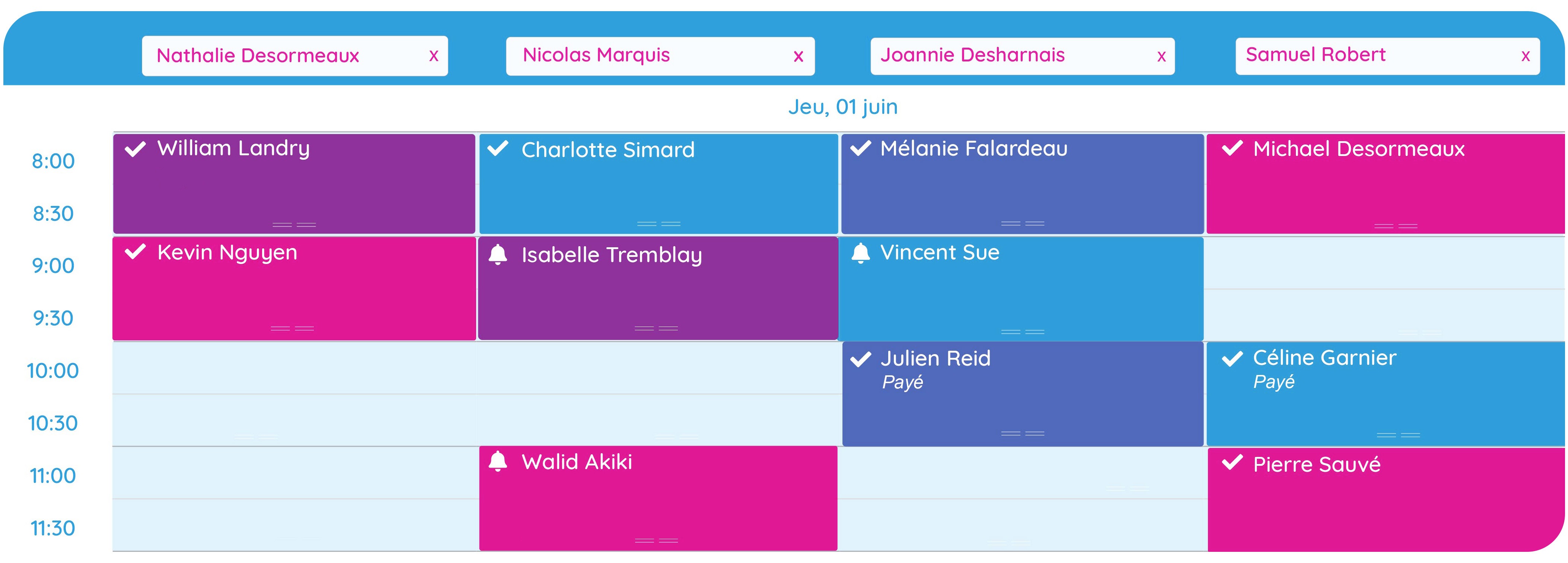 Une vue d'un horaire GOrendezvous montrant les horaires quotidiens de 4 professionnels